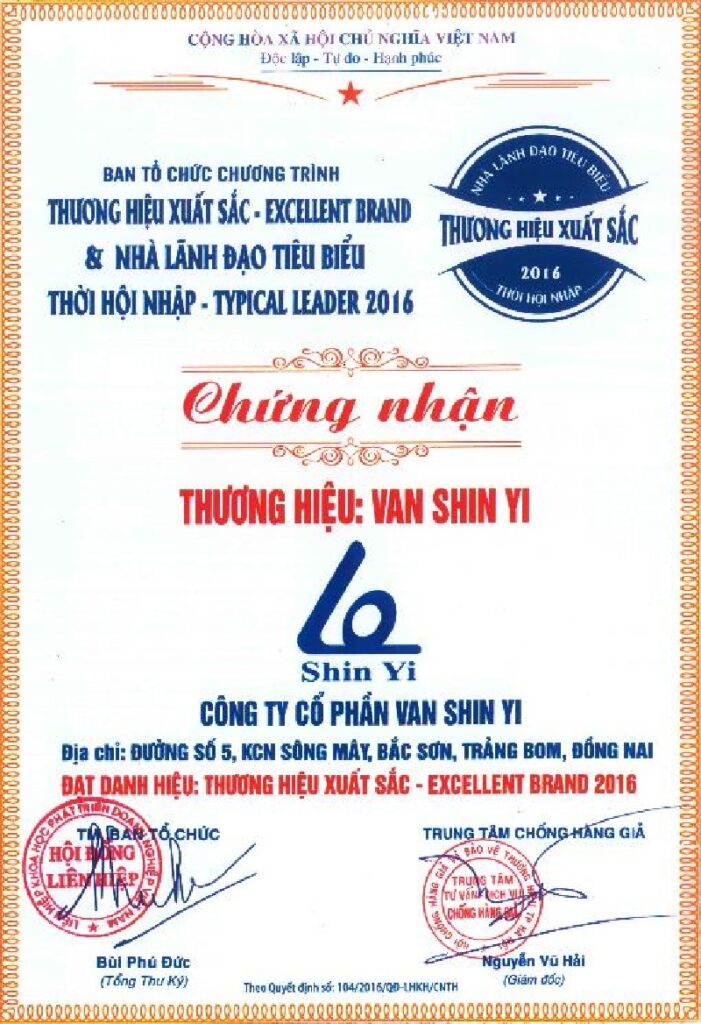 chứng chỉ van shinyi